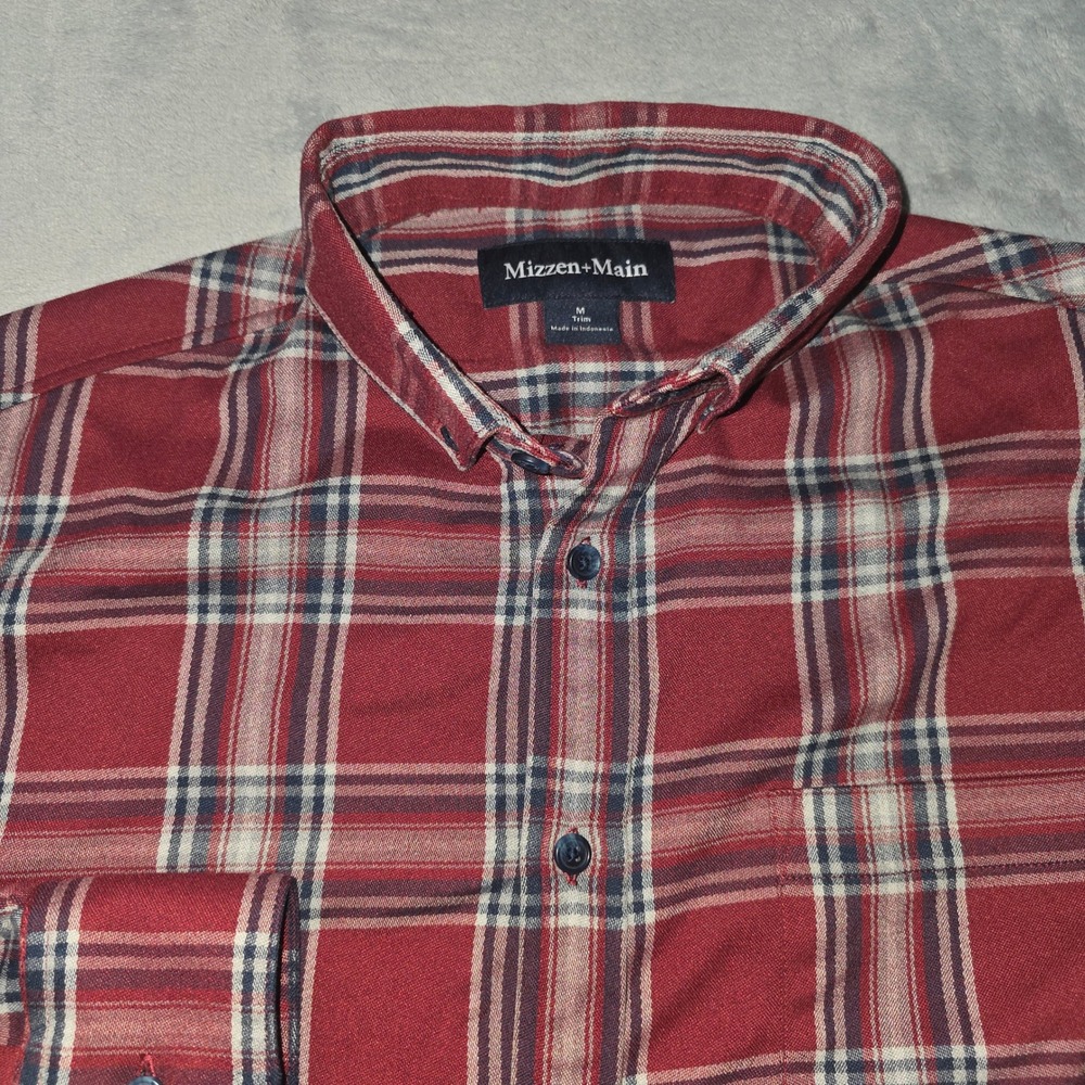 Mizzen+Main Mens Trim Fit Flannel Shirt Red Navy Plaid Size Medium